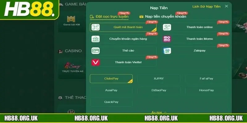 Danh sách các phương thức nạp tiền HB88 hiện đang áp dụng